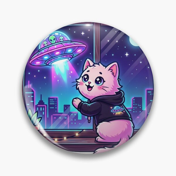 Item preview, Pink Kawaii Cat Watching UFO Alien Window Scene designed and sold by Conspiracy Cat Club.