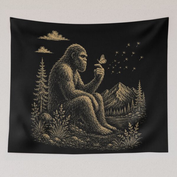 Item preview, Bigfoot Holding Butterfly Mountain Forest Dandelion Nature Scene designed and sold by bosamji.
