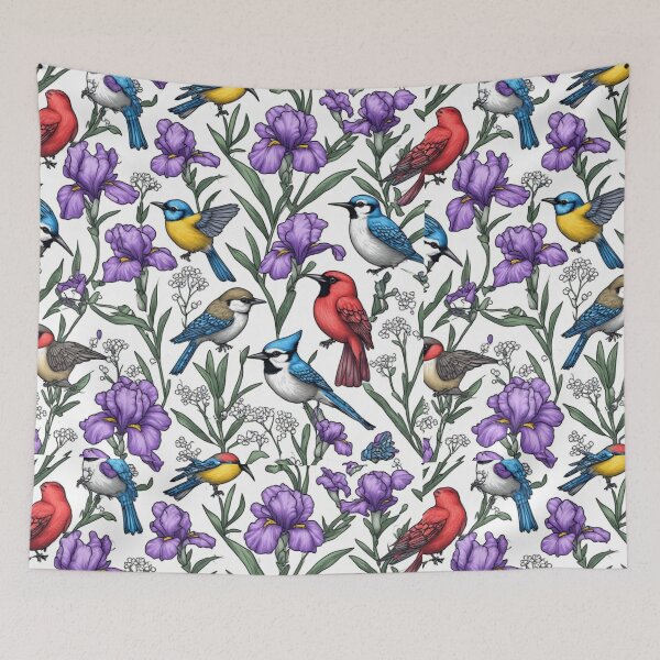Item preview, North American Birds and Purple Iris Flowers Seamless Pattern Art designed and sold by dcohea.
