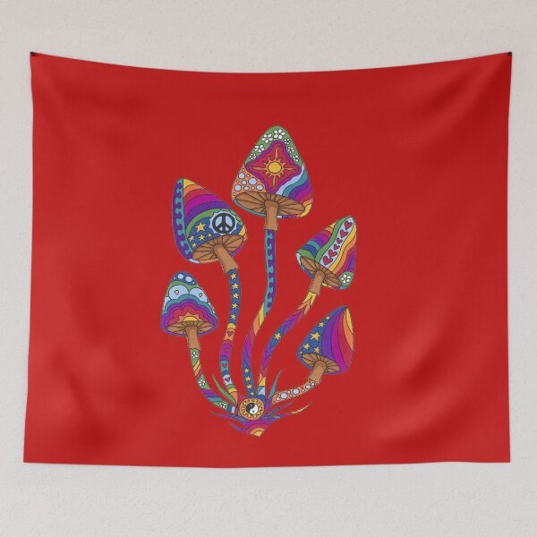 Item preview, Psychedelic 5 Mushrooms Art Red– Retro Hippie Rainbow Groovy Peace Design designed and sold by Kellie Espie Art.