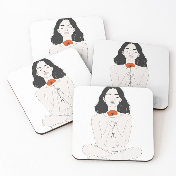 Item preview, Minimalist Meditating Woman with Poppy Print - Aesthetic Line Art Front View Yoga Decor Black Background designed and sold by BestChoiceService.