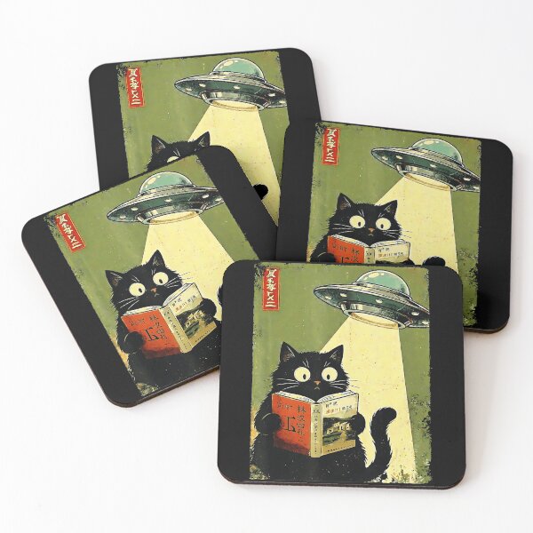 Item preview, Vintage Japanese Black Cat Reading Book Under UFO Beam designed and sold by titanlevi.
