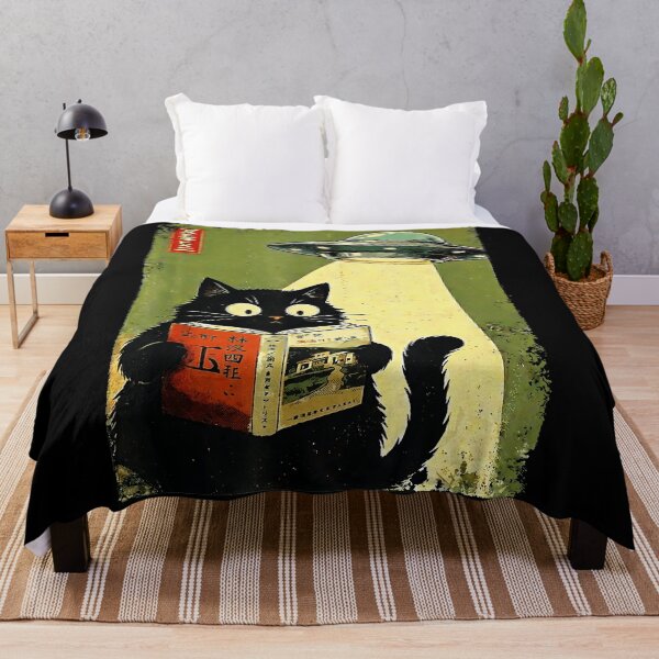 Item preview, Vintage Japanese Black Cat Reading Book Under UFO Beam designed and sold by titanlevi.