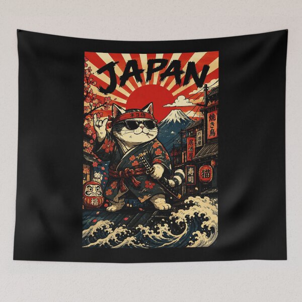 Item preview, Retro Samurai Cat in Vintage Japanese Street Wave designed and sold by eliramaison.