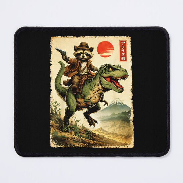 Item preview, Retro Raccoon Cowboy Riding T Rex in Vintage Japanese Desert designed and sold by titanlevi.