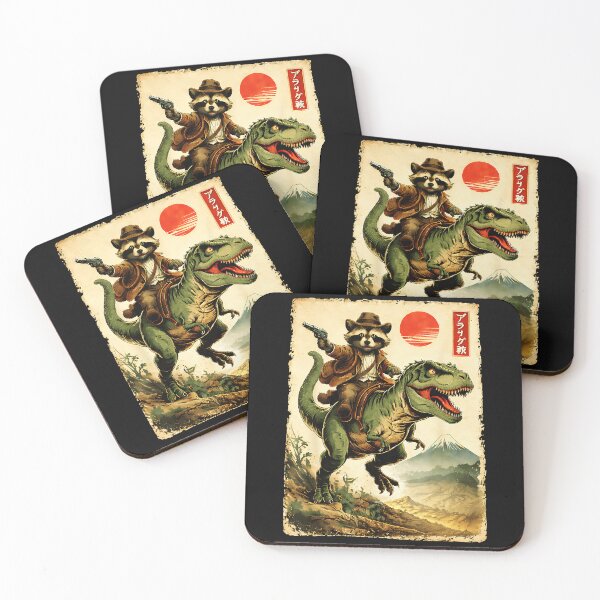 Item preview, Retro Raccoon Cowboy Riding T Rex in Vintage Japanese Desert designed and sold by titanlevi.