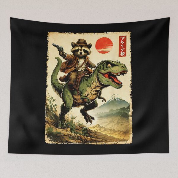 Item preview, Retro Raccoon Cowboy Riding T Rex in Vintage Japanese Desert designed and sold by titanlevi.