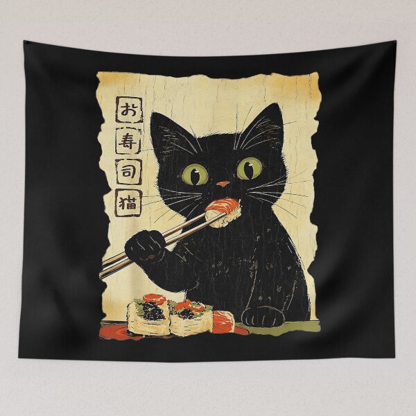 Item preview, Vintage Black Cat Eating Sushi Japanese Retro Poster designed and sold by titanlevi.