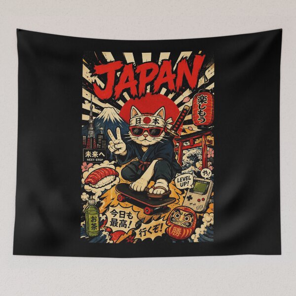 Item preview, Skateboarding Samurai Cat With Retro Tokyo Street Poster designed and sold by eliramaison.