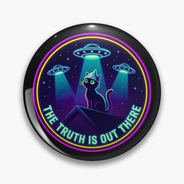 Item preview, The Truth Is Out There Black Cat UFO Neon Circle Sticker designed and sold by Conspiracy Cat Club.