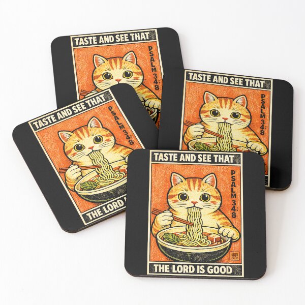 Item preview, Retro Ramen Cat Illustration with Psalm 34 8 Bible designed and sold by titanlevi.