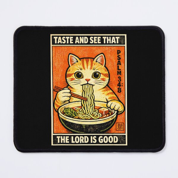 Item preview, Retro Ramen Cat Illustration with Psalm 34 8 Bible designed and sold by titanlevi.