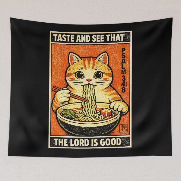 Item preview, Retro Ramen Cat Illustration with Psalm 34 8 Bible designed and sold by titanlevi.