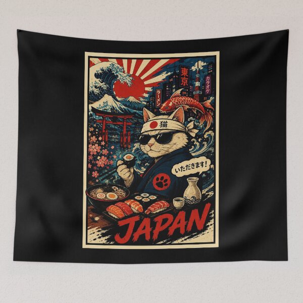 Item preview, Retro Japan Cat Sushi Poster with Ukiyo Inspired Street designed and sold by eliramaison.