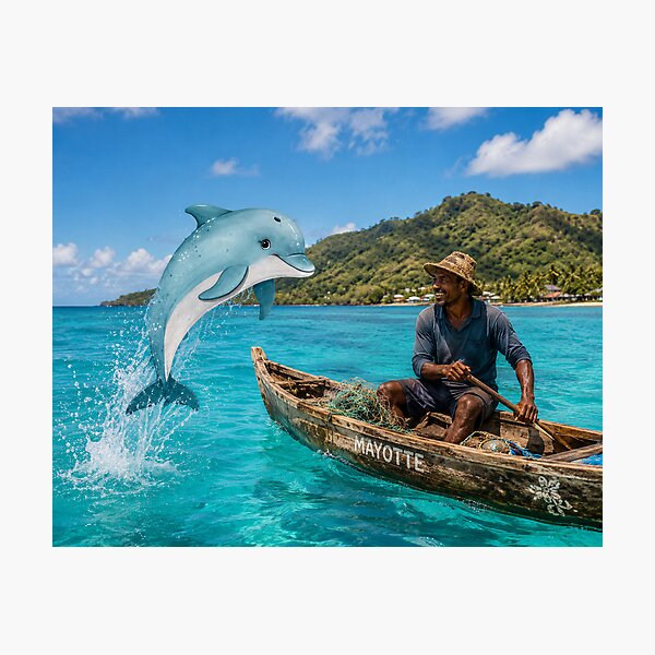 Item preview, A dolphin playing with a fisherman in a turquoise sea in Mayotte designed and sold by FoxinhoSoumaila.