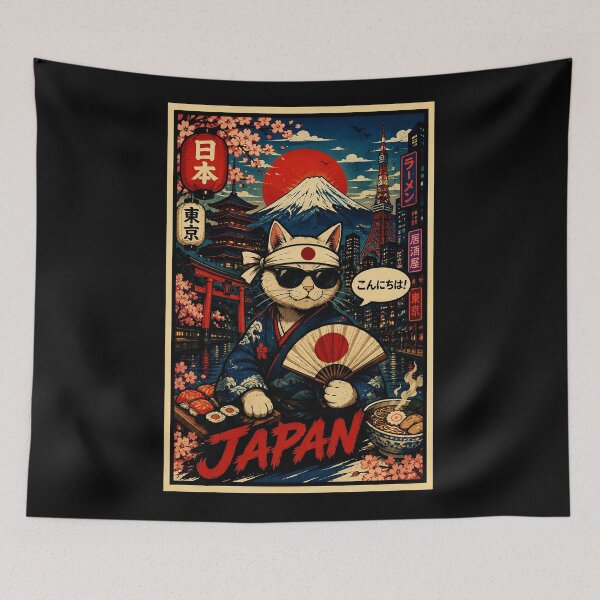 Item preview, Cool Samurai Cat Japan Travel Poster With Retro Tokyo Night Vibes designed and sold by eliramaison.