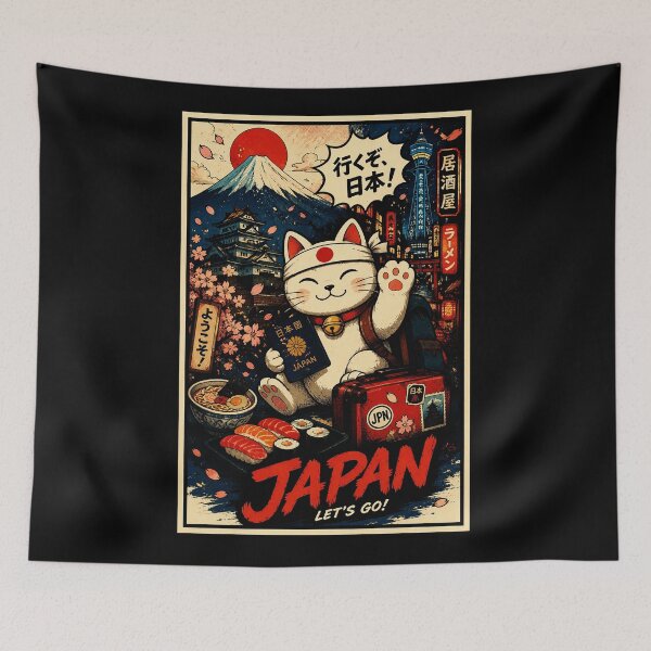 Item preview, Retro Japan Travel Cat Poster with Lucky Mascot Street Vibes designed and sold by eliramaison.