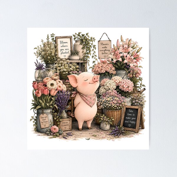 Item preview, Cute Piglet in Flower Shop - Cottagecore Floral  designed and sold by ChubbyGoong.