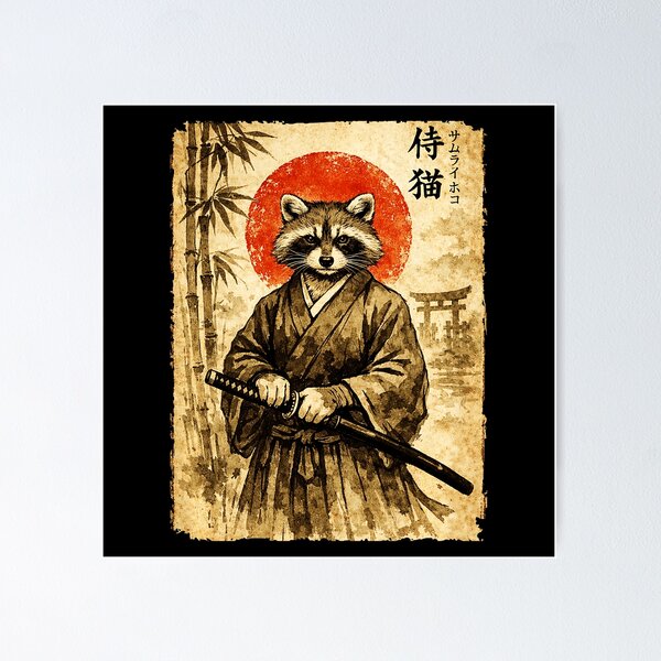 Item preview, Vintage Samurai Raccoon Portrait with Japanese Ink Wash Style designed and sold by titanlevi.