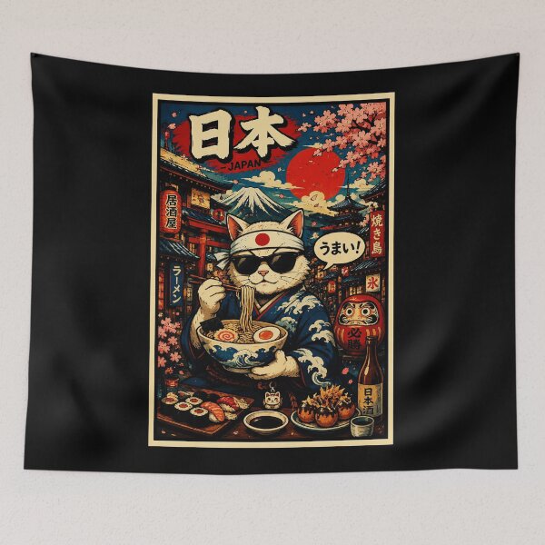 Item preview, Retro Japan Ramen Cat Poster with Neon Street Market Energy designed and sold by eliramaison.
