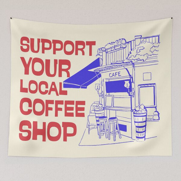 Item preview, Support Your Local Coffee Shop Retro Cafe Line Art designed and sold by SilverSeaBKK.
