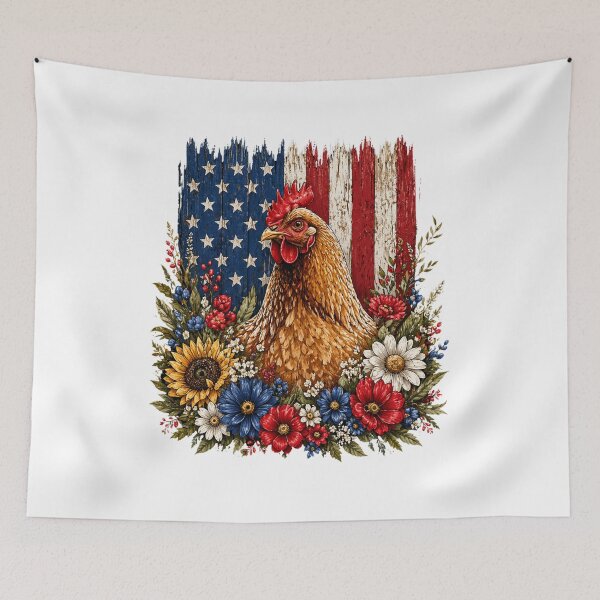 Item preview, Patriotic Hen with Wildflowers and Flag designed and sold by PrintanovaDesign.