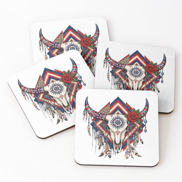 Item preview, Patriotic Boho Longhorn Skull with Feathers and Rose designed and sold by PrintanovaDesign.