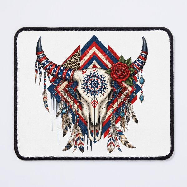 Item preview, Patriotic Boho Longhorn Skull with Feathers and Rose designed and sold by PrintanovaDesign.