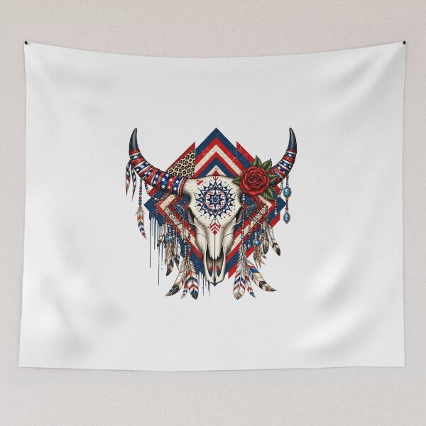 Item preview, Patriotic Boho Longhorn Skull with Feathers and Rose designed and sold by PrintanovaDesign.