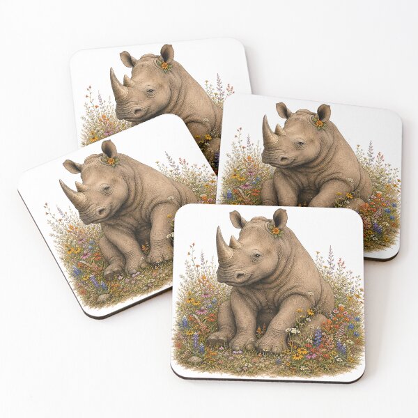 Item preview, Cute Baby Rhino in Wildflower Meadow - Cottagecore Floral Art  designed and sold by ChubbyGoong.