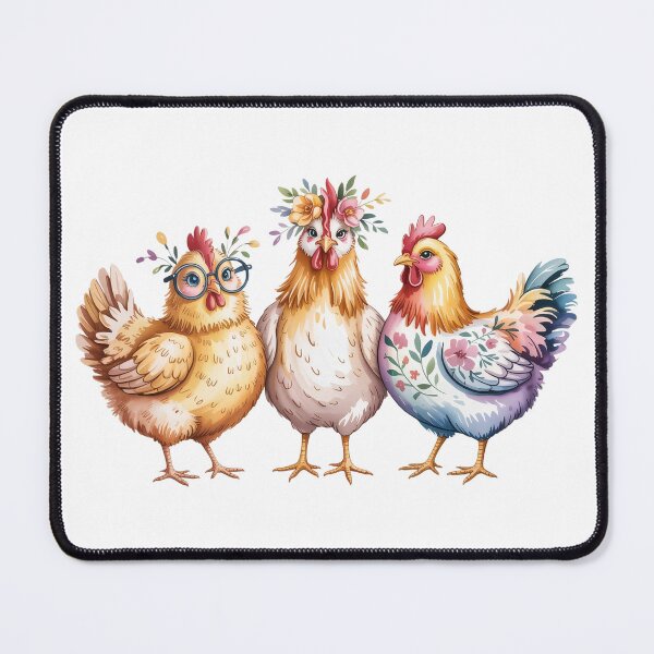 Item preview, Whimsical Floral Chicken Trio Art - Cute Barnyard Hens with Glasses and Flower Crown Design designed and sold by Picasfarmer.