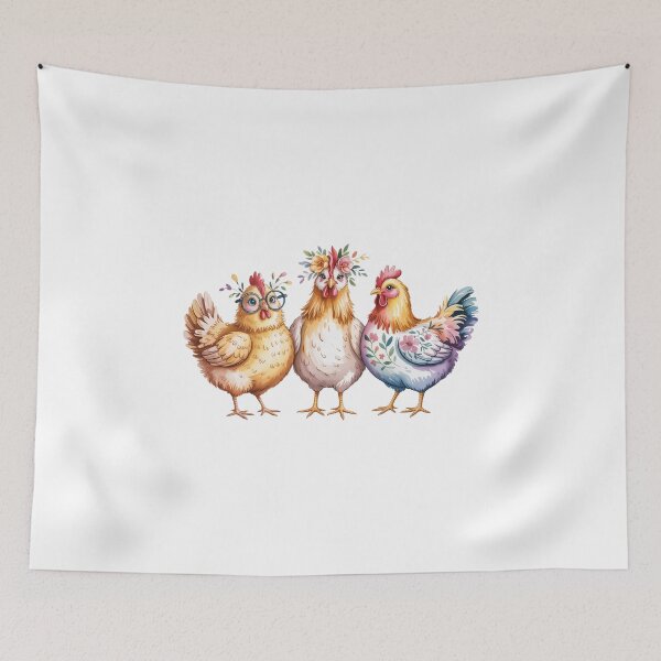 Item preview, Whimsical Floral Chicken Trio Art - Cute Barnyard Hens with Glasses and Flower Crown Design designed and sold by Picasfarmer.
