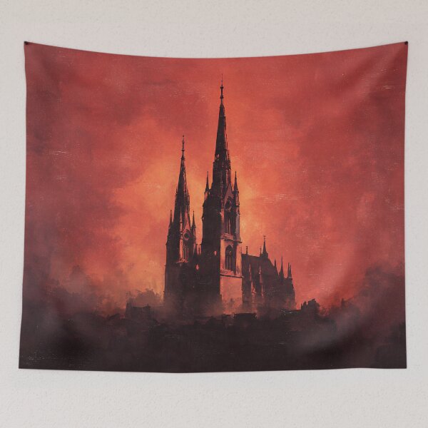 Item preview, Gothic Cathedral at Burning Sunset Dark Fantasy Landscape Art designed and sold by cr6zym1nd.