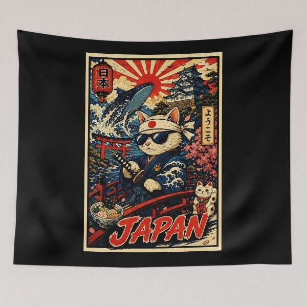 Item preview, Retro Japan Cat Samurai Poster With Vintage Travel Style designed and sold by eliramaison.