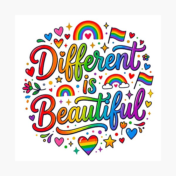 Item preview, Different is Beautiful Rainbow Typography – Pride Celebration Art designed and sold by MT-Hub | Cute Aesthetic Art, Stickers & Phone Cases.