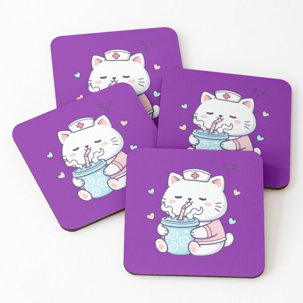 Item preview, Sleepy White Nurse Kitty Drinking Coffee In Pastel Kawaii Style designed and sold by AbanoubStore.