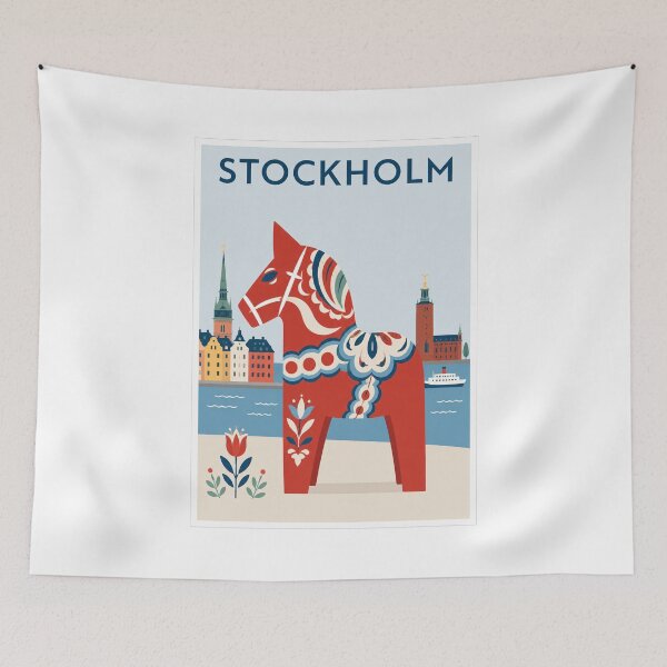 Item preview, Stockholm Travel Poster Dala Horse Art designed and sold by Beyond Destinations.