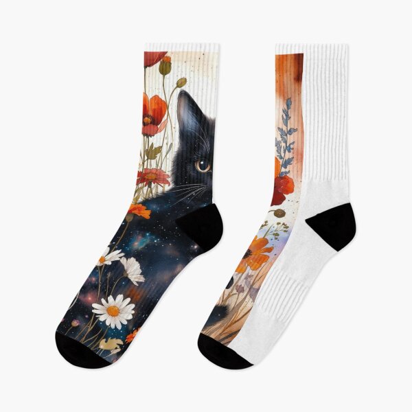 Item preview, Galaxy Black Cat Wildflower Garden | Celestial Watercolor Cat Art designed and sold by GalleryPeak.