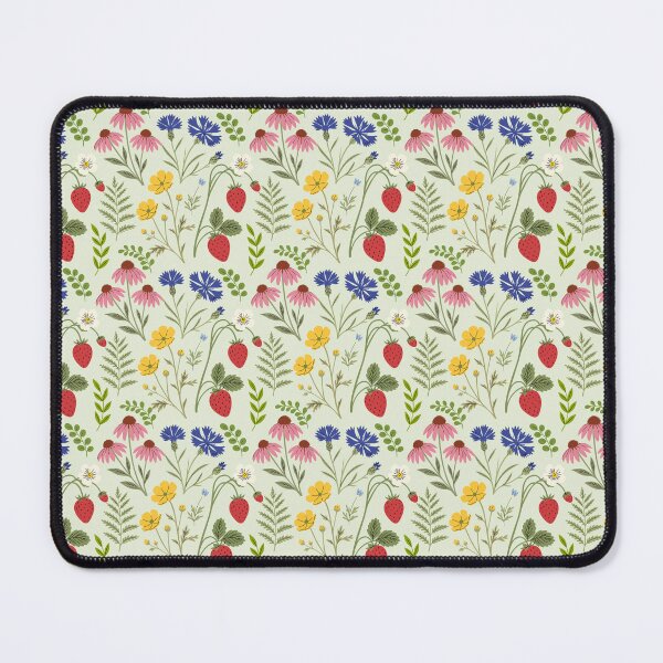 Item preview, Seamless botanical pattern with wild strawberries, pink echinacea, blue cornflowers, and yellow wildflowers on a light green background designed and sold by AllaMashycheva.