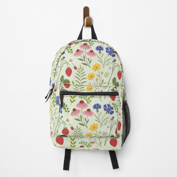 Item preview, Seamless botanical pattern with wild strawberries, pink echinacea, blue cornflowers, and yellow wildflowers on a light green background designed and sold by AllaMashycheva.