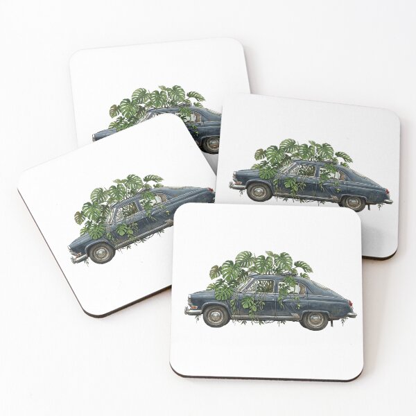 Item preview, Vintage Executive Sedan with Monstera — Blue Art Print designed and sold by WildRelicsArt.