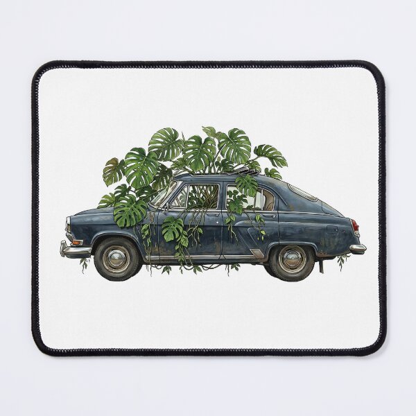 Item preview, Vintage Executive Sedan with Monstera — Blue Art Print designed and sold by WildRelicsArt.