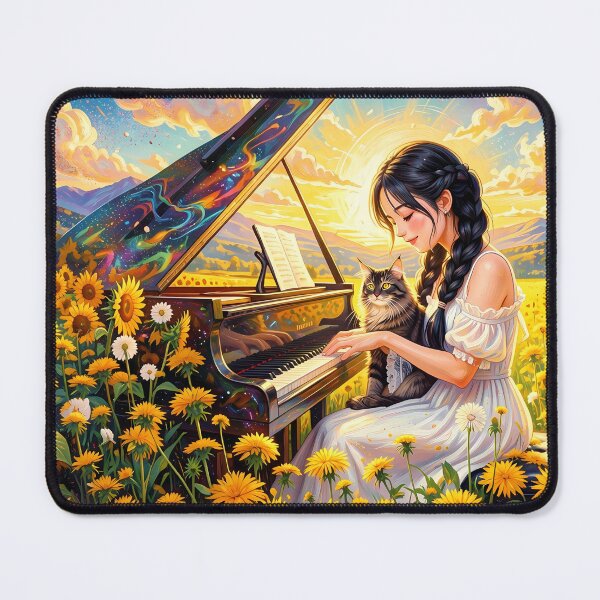 Item preview, Girl Playing Piano with Cat in Sunflower Field designed and sold by M-Y-A-R-T-.