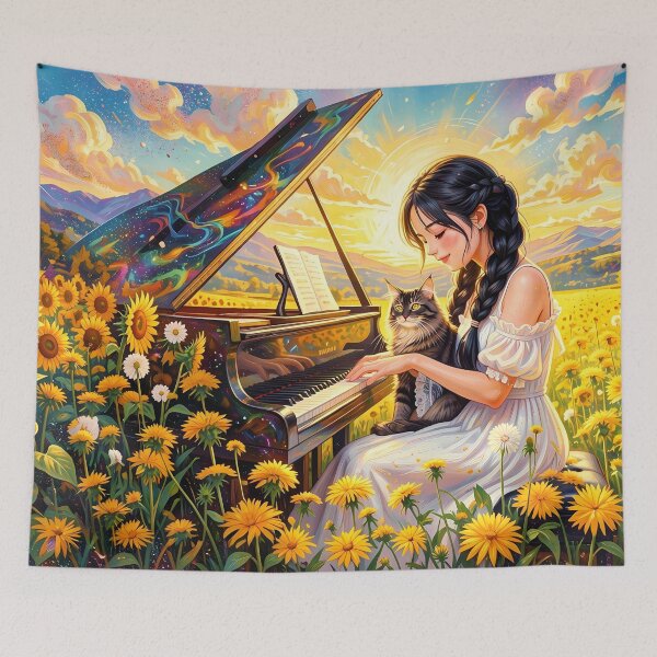 Item preview, Girl Playing Piano with Cat in Sunflower Field designed and sold by M-Y-A-R-T-.