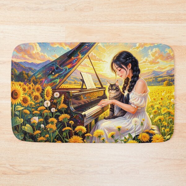 Item preview, Girl Playing Piano with Cat in Sunflower Field designed and sold by M-Y-A-R-T-.