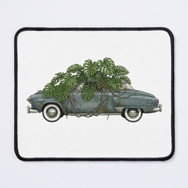 Item preview, Vintage Two-Door Coupe with Monstera — Blue Art Print designed and sold by WildRelicsArt.