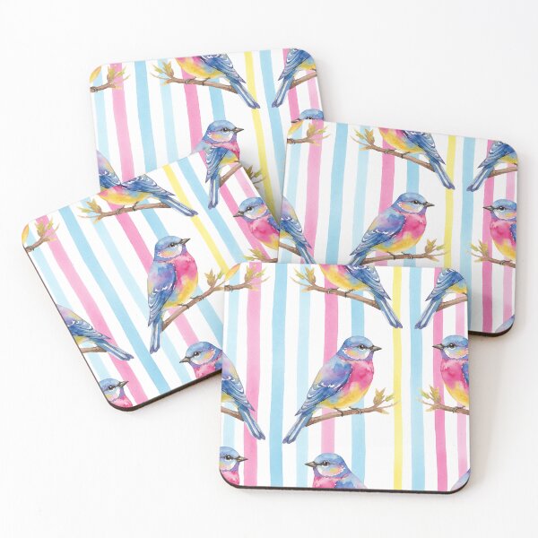 Item preview, Whimsical Watercolor Bird Pattern with Colorful Stripes designed and sold by wissal.studio.