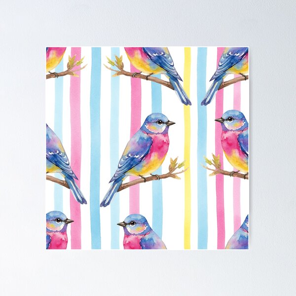 Item preview, Whimsical Watercolor Bird Pattern with Colorful Stripes designed and sold by wissal.studio.