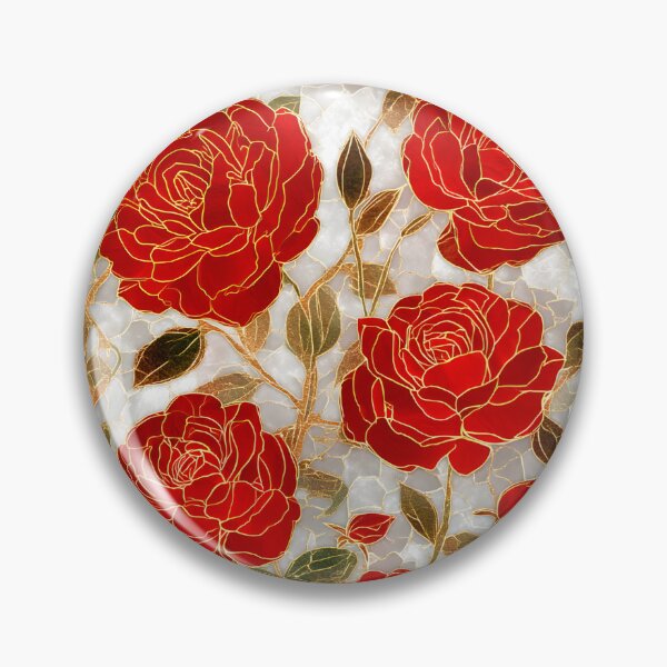 Item preview, Red Roses Blooming Stained Glass Gold Floral Pattern designed and sold by GrinGalore.