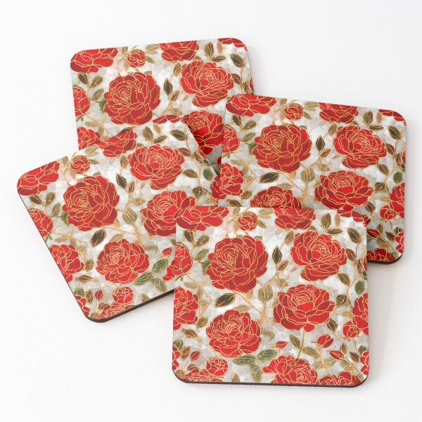 Item preview, Red Roses Blooming Stained Glass Gold Floral Pattern designed and sold by GrinGalore.